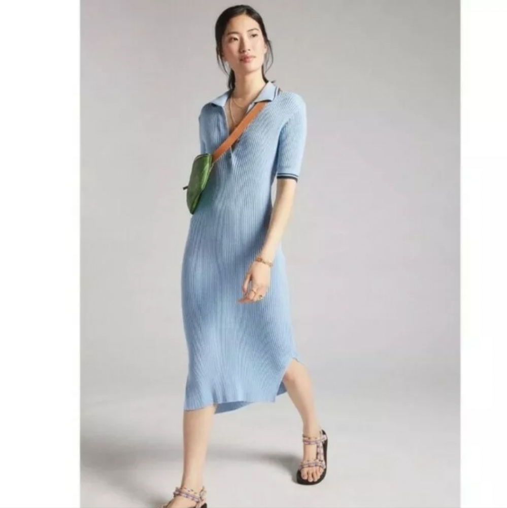 NWT Anthropologie Saturday Sunday Polo Shirt Dress Womens Small Blue Ribbed Knit